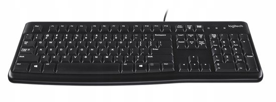 Zwart Logitech K120 QWERTY toetsenbord met numeriek deel.