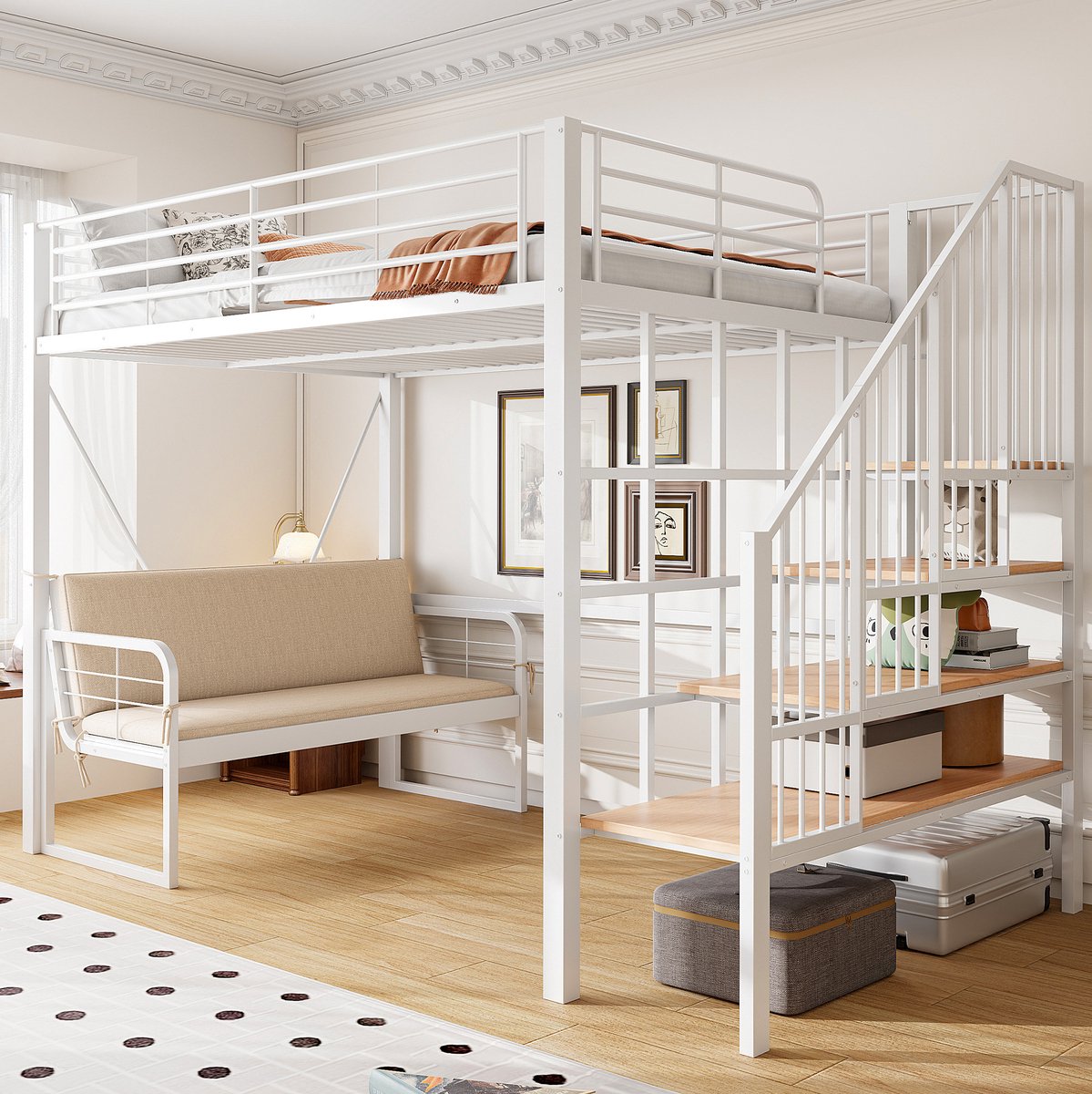 MEUNIQ stapelbed 140 x 200 cm van metaal en MDF met geïntegreerde trap, opbergruimte en afneembare bank, voor slaapkamer, wit