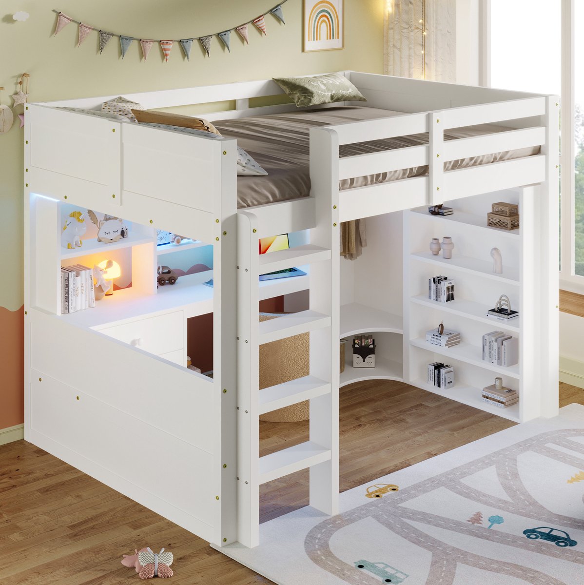 MEUNIQ Hoogslaper 140x200 cm met bureau, kledingkast, lades, open opbergruimte en LED-verlichting, voor kinderkamer, wit