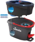 Grijze Vileda emmer met blauw deksel, twee compartimenten voor schoon en vies water, met pedaal.