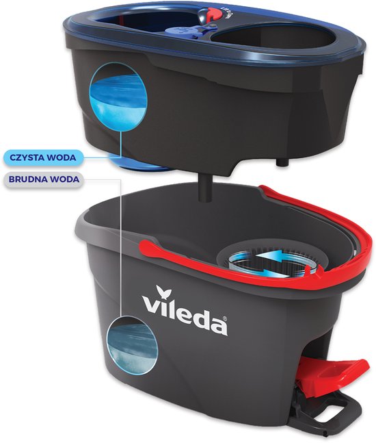 Grijze Vileda emmer met blauw deksel, twee compartimenten voor schoon en vies water, met pedaal.