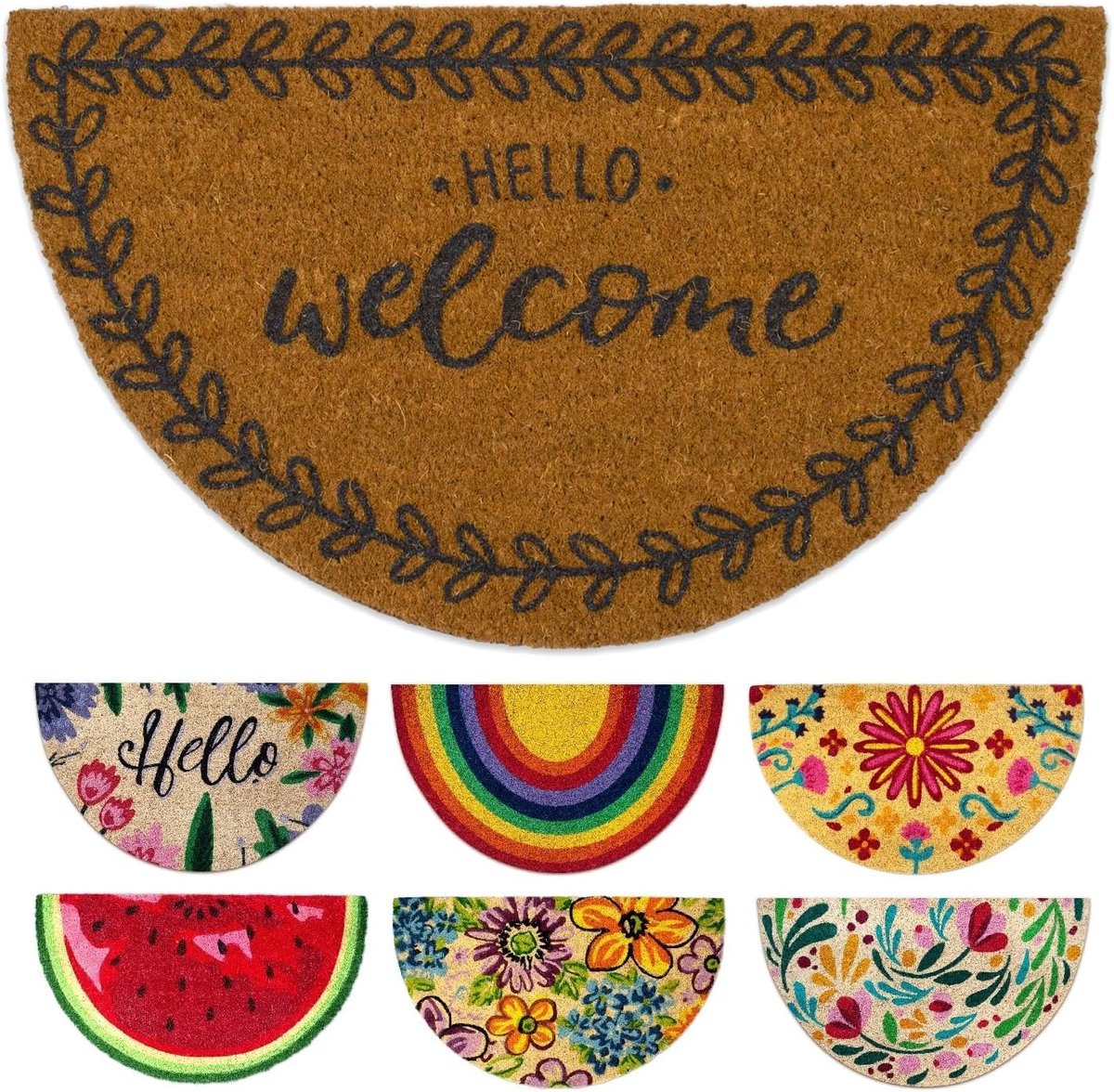 Famanu Deurmat voor entree, origineel en grappig, kokosmat, halfcirkelvormig, 40 x 70 x 1,5 cm, met de tekst 'Light Welcome' Antraciet