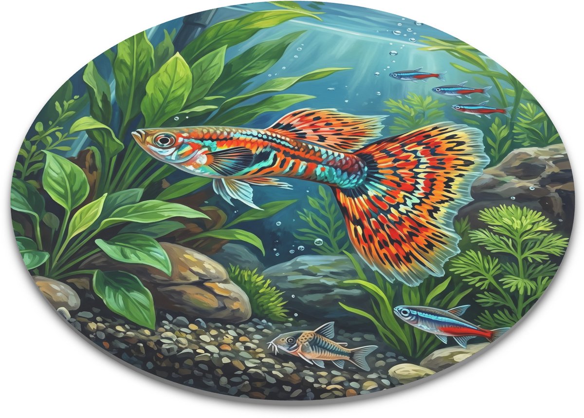 Ronde muismat - Gekleurde Guppy - Tropische vis aquarium design