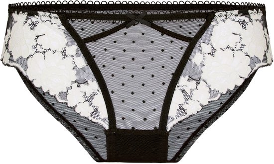 Culotte noire à pois, avec dentelle florale blanche et petit nœud.