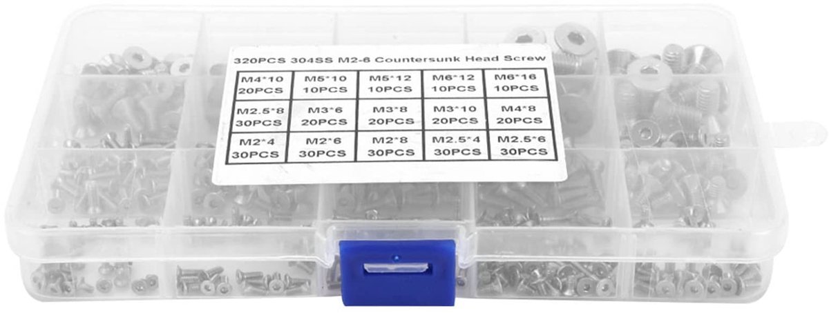 Dailygoods- Schroefset 320 Stuks - Roestvrij Staal M2-M6 - Platte Kop - Volledige Draad - Antislip - Gemakkelijk Op te Bergen - Boutset