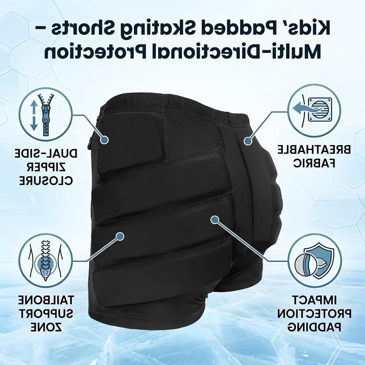 Gevoerde shorts voor skateboarden met dubbele rits, zwart, comfortabel en ademend materiaal