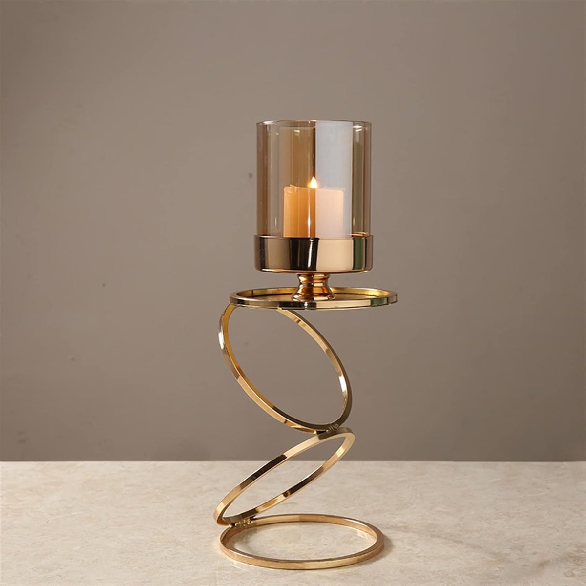 Metalen Kandelaar - Glazen Windlicht - Sfeervolle Decoratie - Geometrisch Design - 36x14CM - Zwart
