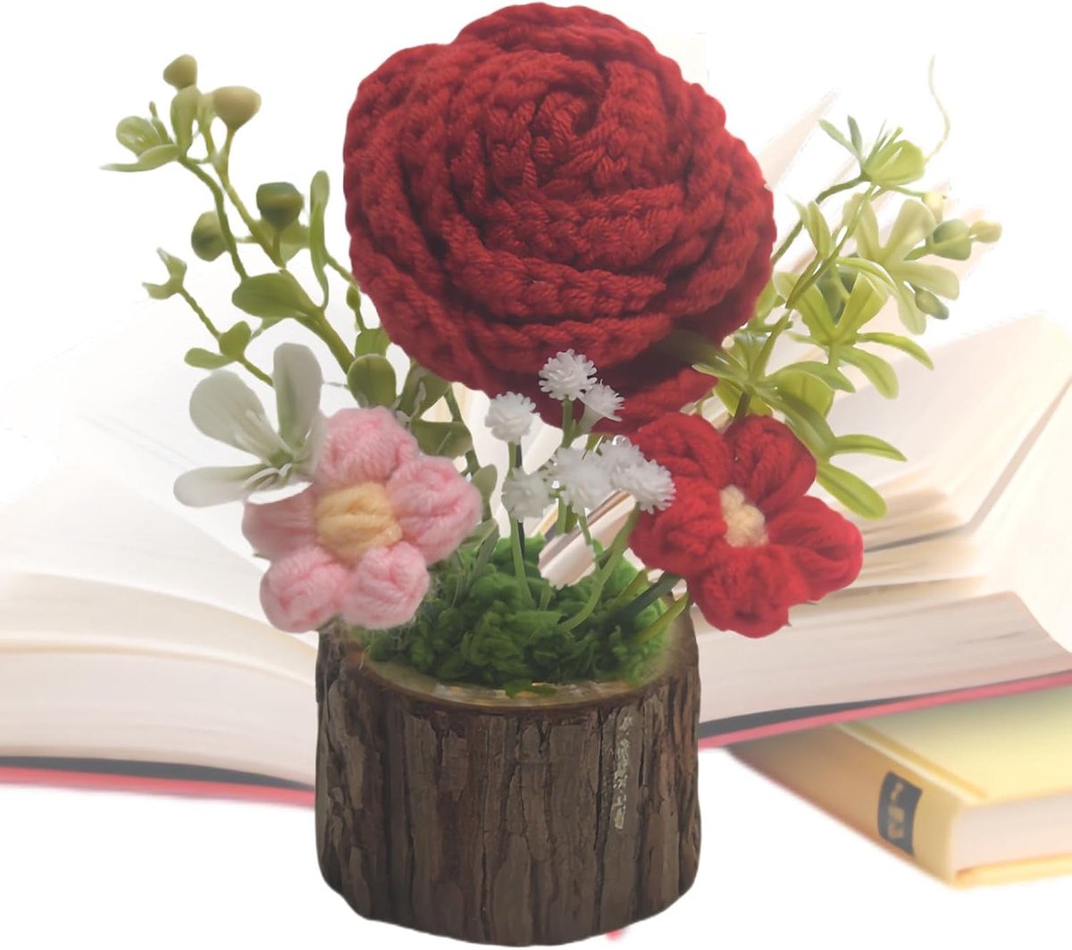 Gehaakte Bloem - Gebreide Plant - Bureau Decoratie - Zonnebloem Design - 5x5x7 cm - Rode R