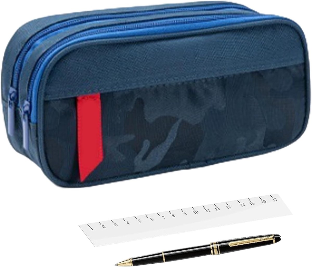 Potlood etui - Pennendoos organizer - School en kantoor - Dubbellaags ontwerp - 21.5x9.5x8cm - Blauw