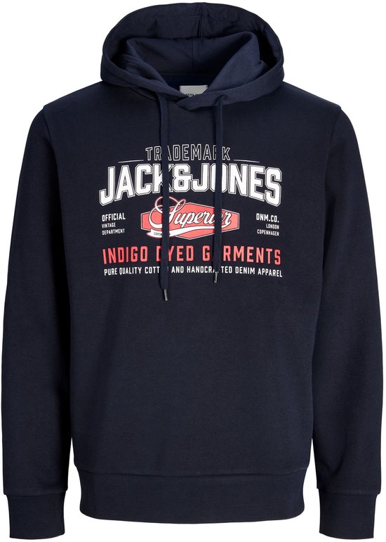 Donkerblauwe hoodie met witte en rode opdruk 'JACK & JONES Superior' en 'INDIGO DYED GARMENTS'.