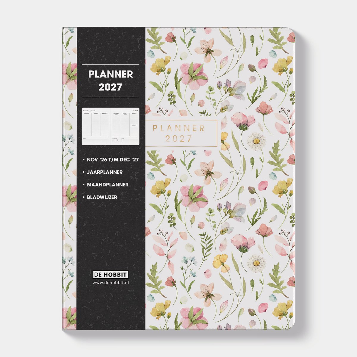 Hobbit - Weekplanner 2027 - ±A4 (26,5 x 20,4 cm) - 1 week over 2 pagina's - Flexcover - Aquarel Wilde Bloemetjes