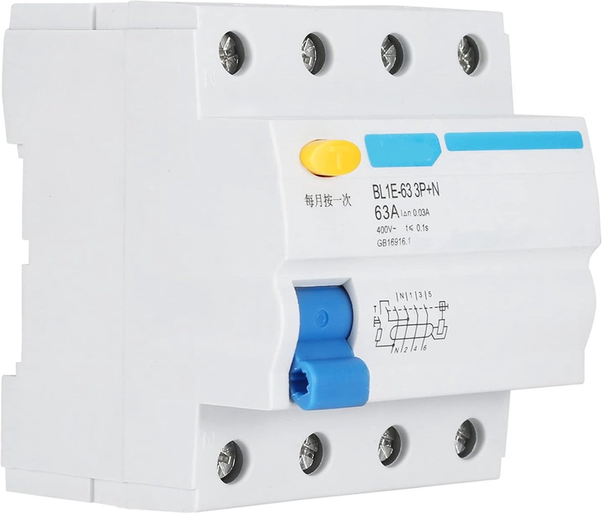 Aardlekschakelaar 63A - Stroomonderbreker - Elektrische Veiligheid - 30mA Lekbeveiliging - 3P 230V - Grijs