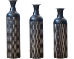 Metalen Vloervaas Set - Hoge Staande Vaas - Vaas Pampasgras - Vloervaas Droogbloemen - Geribbeld - Stapelbaar - Ruimtebesparend - Woonkamer - 3-Delig