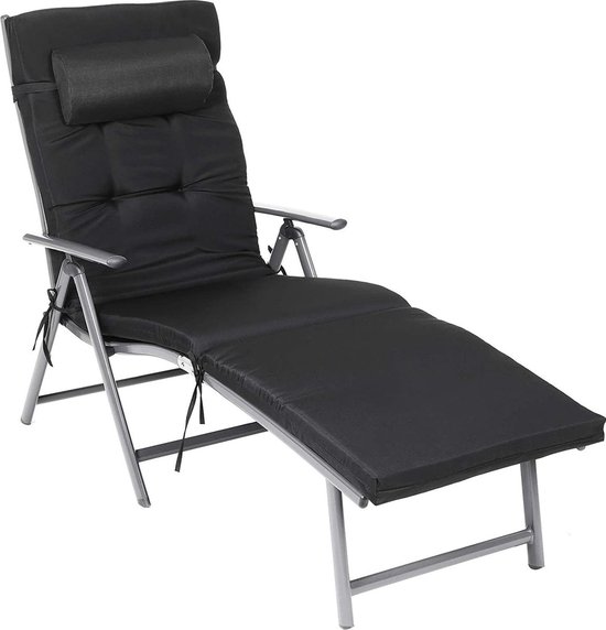 Zwarte opvouwbare ligstoel met hoofdsteun en comfortabele vulling, metalen frame.