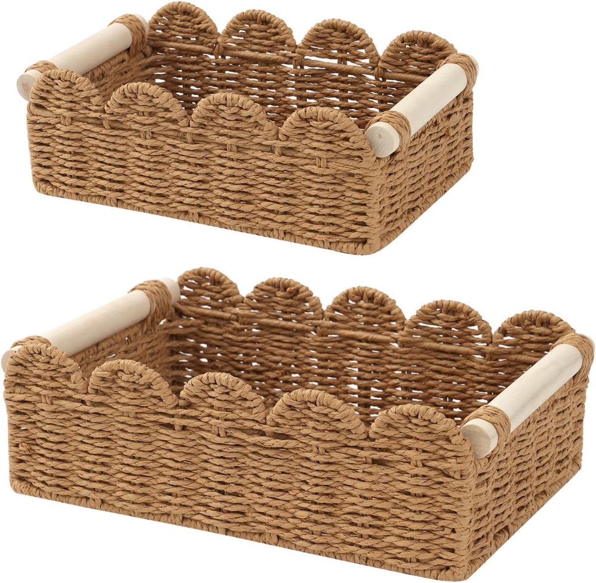 OLOEY Set van 2 rieten opbergmanden-kleine en grote wasmanden met geschulpte rand voor op planken-boho-badkameropberger met handvatten voor toiletpapier-11,8 x 7,9 x 3,9 en 9,8 x 5,9 x 3,5 inch