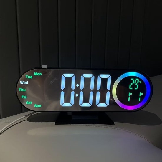 Projectiewekker met temperatuur - Digitale spiegelklok - Wakker worden - Instelbare helderheid - 231x95x55 mm - Blauw licht — afbeelding 5