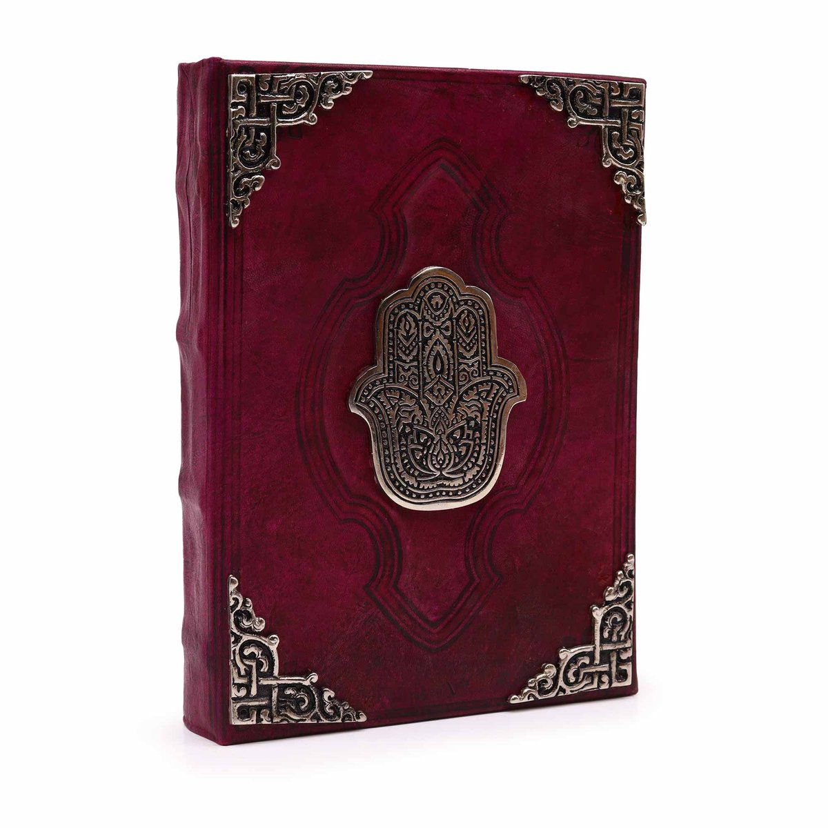 Stevig roodbruin boek - Zink Hamsa-decoratie - 200 pagina's met gekartelde randen - 26x18 cm