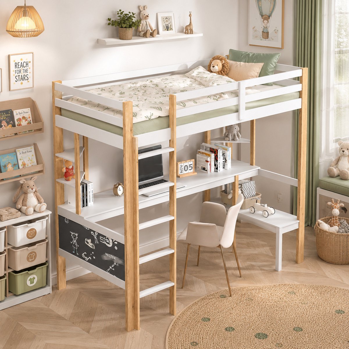 MEXUS Hoogslaper stapelbed 90x200 cm met Bureau, Kinderbed met opbergruimte, valbeveiliging, trapje, Stapelbed voor Kinderen, Tieners, massief hout, Wit Wit-A