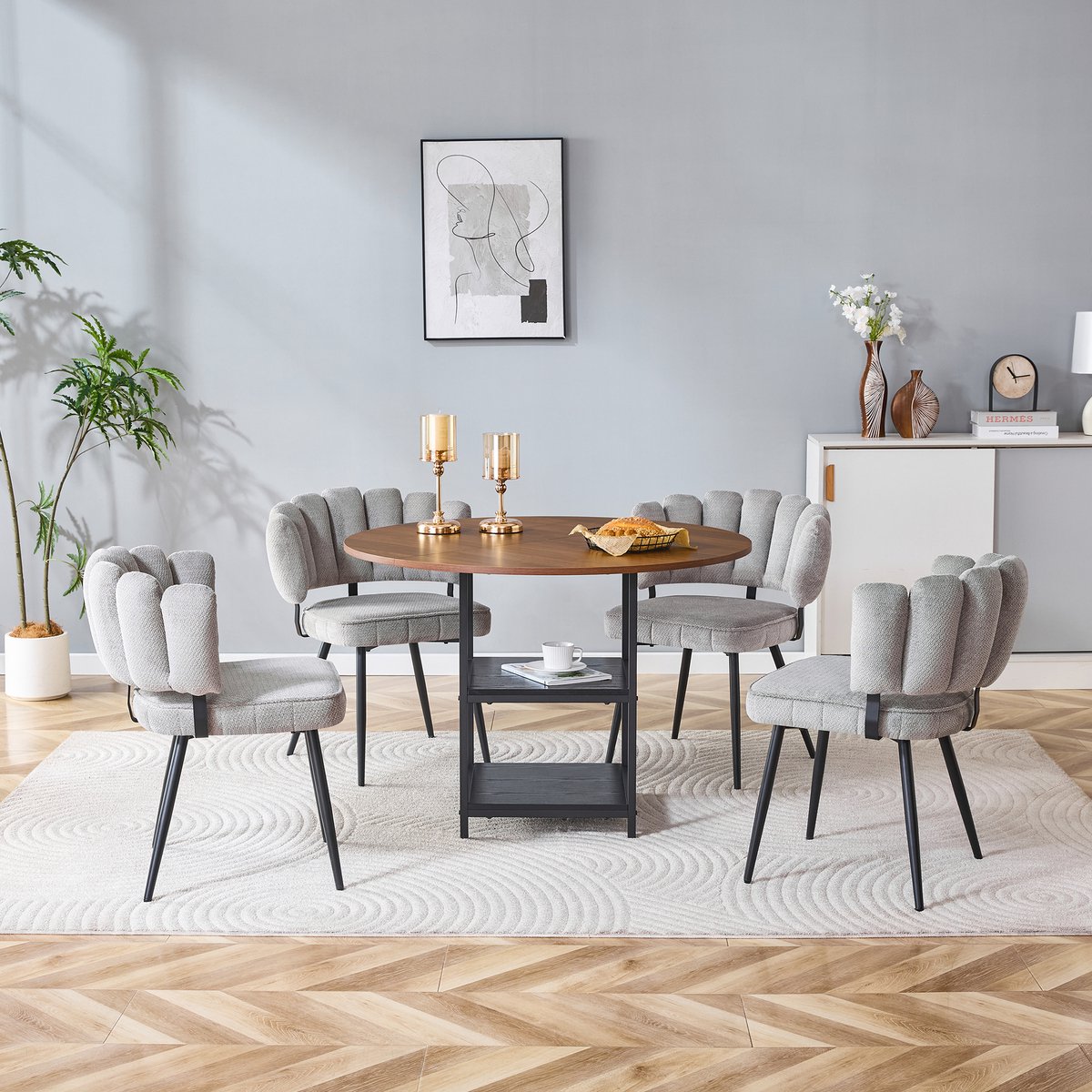 MODENUIT Eettafelset 4 Persoons 107 cm - Ronde Tafel Met Dubbele Opberglagen - Voor Kleine Eetkamer - MDF En Metaal - Grijs Walnoot Grijs, Walnoot, Zwart