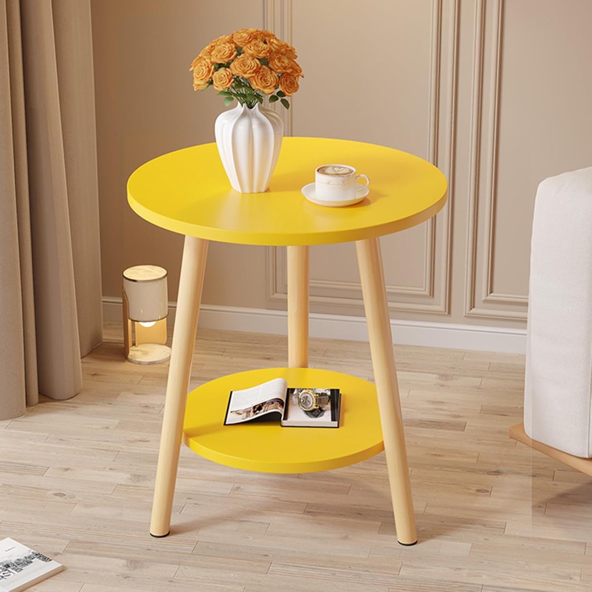 Ronde bijzettafel - Tafel met 2 niveaus - Ruimte organiseren - Compact massief houten ontwerp - 50 cm 60 cm