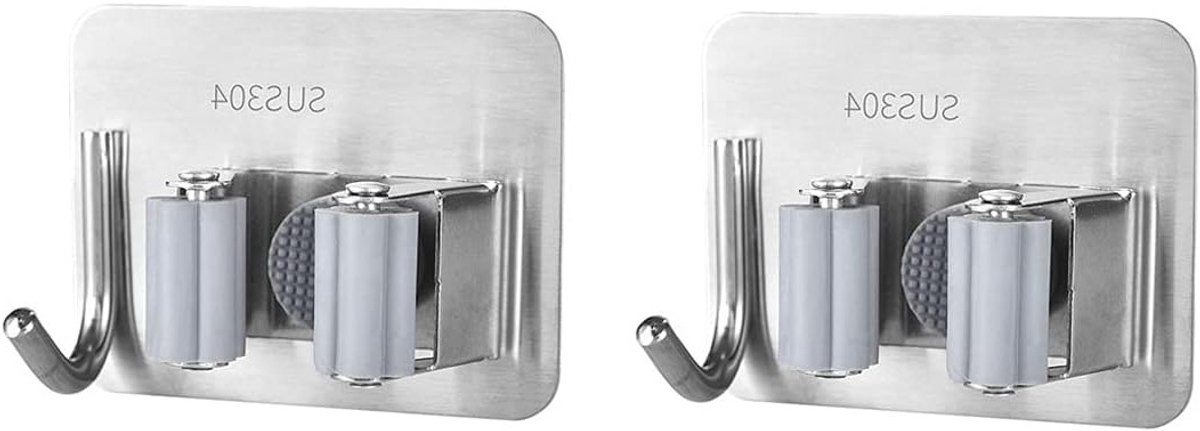 2-Pack RVS Moppen en Bezemhouder met Haak, Zelfklevende Wandbevestiging voor Keuken, Tuin en Garage Organizer
