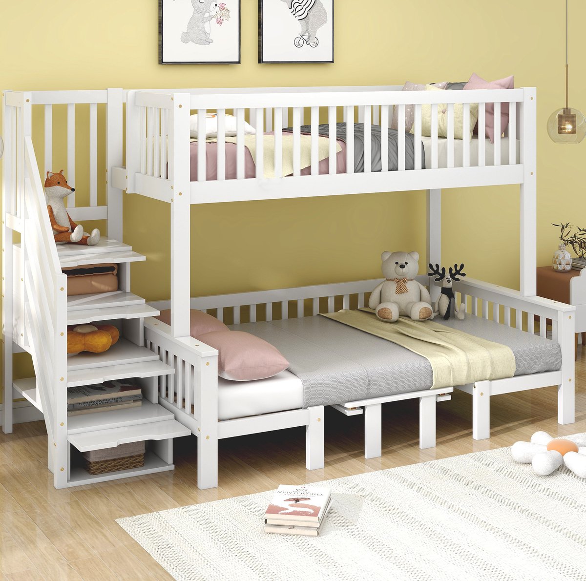 MEUNIQ stapelbed met bureau en opbergtrede 253 x 125,5 x 170 cm, veiligheidshekje, voor kinderkamer, wit White