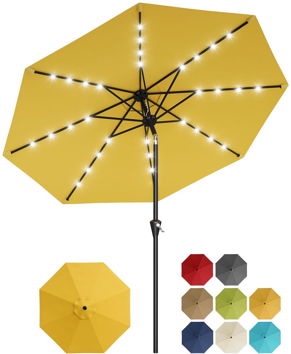 Parasol met Solar LED Verlichting - 300x300x240cm - Tuinparasol UV-bestendig met 8 Ribben en Kantelfunctie - Eenvoudig met Draaiknop - Zonder Voet - Voor Tuin Zwembad of Terras - Geel