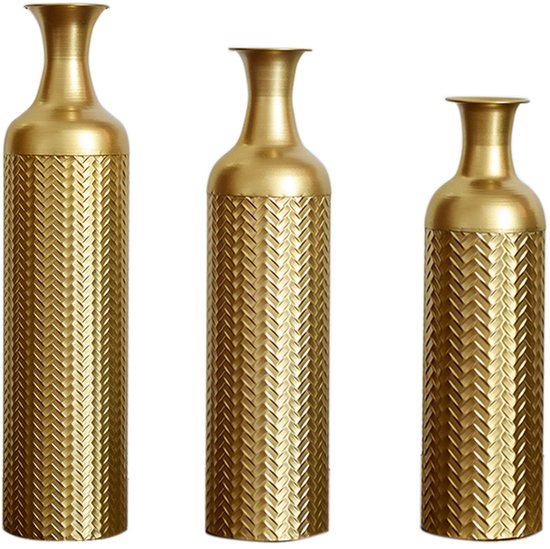 Grote Vloervaas - Hoge Bloempot - Decoratie Vaas-Metalen Vloervaas – Structuur –Vintage – Robuust - Stijlvol - Woonkamer - 50/66/83 cm- Set Van 3-Goud