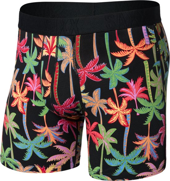 Zwarte boxershort met een kleurrijke palmbomenprint van roze, groene, oranje en paarse palmbomen.