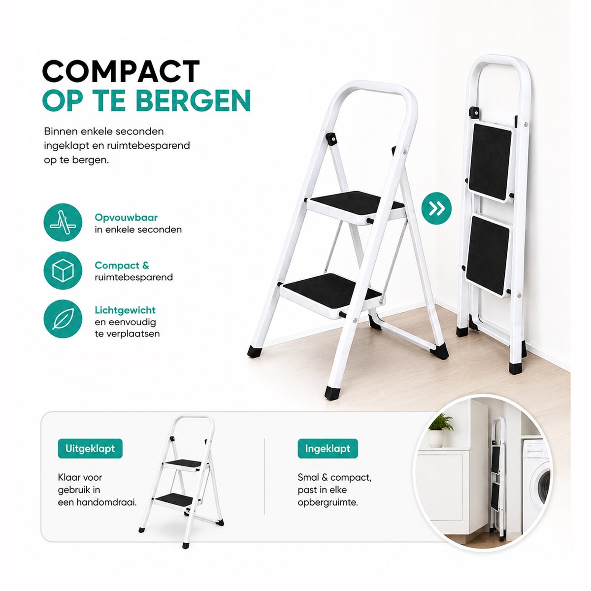 Eurocatch Huishoudtrap 2 Treden - Opvouwbare Keukentrap met Leuning - Antislip Opstapje - Stalen Trapladder - Max. Belastbaar 150 kg - Compact en Veilig – foto 2