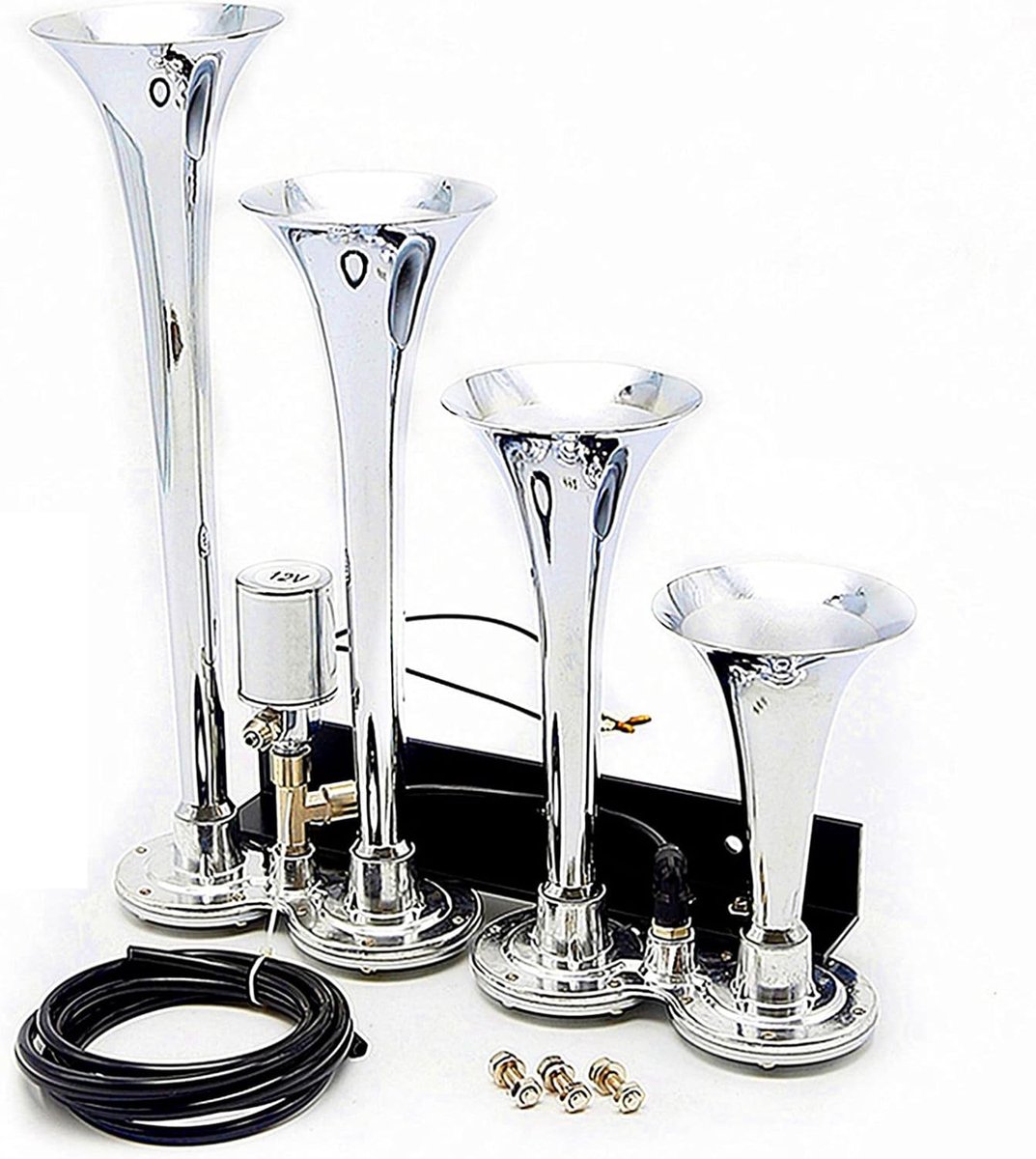 Car Horn Electric Horn Solenoid Control Air Horn Car Air Horn Four Tube Silver 12V 175DB Horn for Car any vehicle - ShopVlot