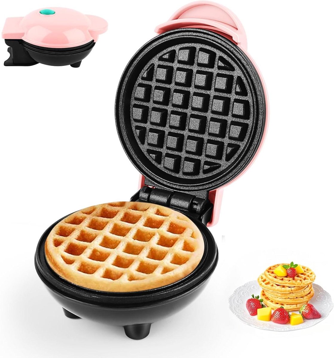 Mini Wafelijzer - Belgische Wafels - Snelle Ontbijtjes - Dubbelzijdig Verwarmen - 10 cm Diameter - Roze