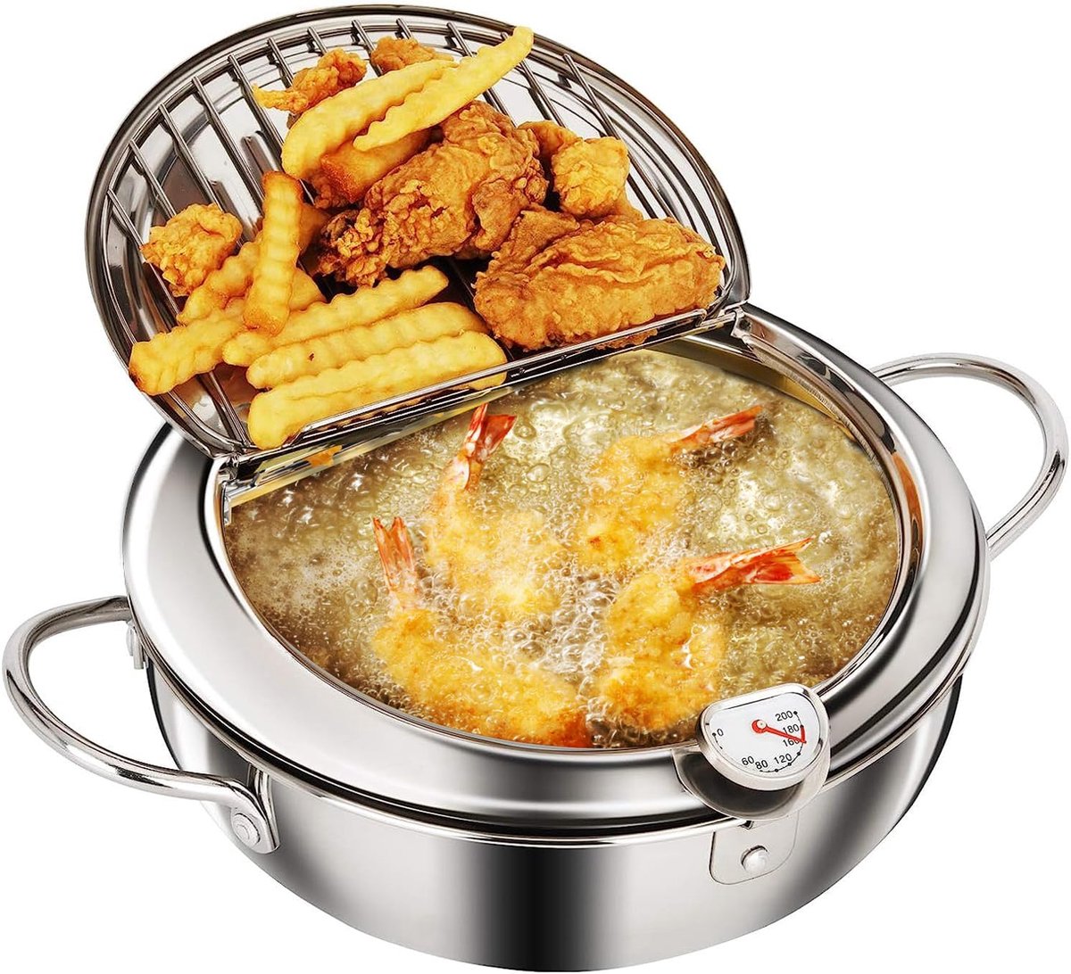 SnelShoppen - Tempura Frituurpan RVS met Deksel en Olie Druprek, Japanse Stijl Frituurpan met Thermometer, Geschikt voor Inductiekookplaat (Klein - 20
