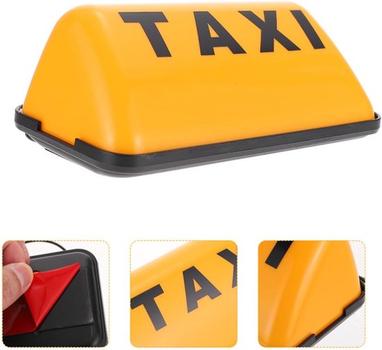 Oranje taxibord met zwarte letters 'TAXI', set met drie detailopnames.