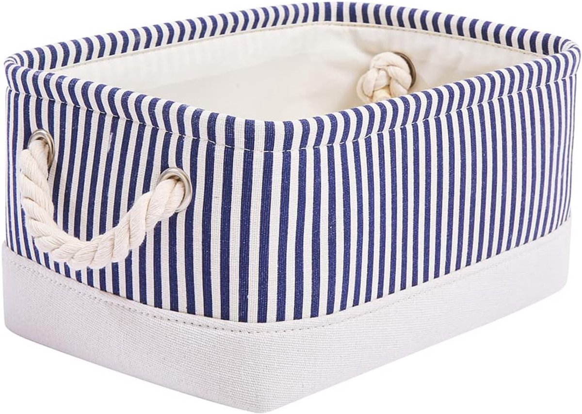 SnelShoppen - Vouwbare, verdikte linnen opbergdoos met touwhandvatten (blauwe strepen, klein) voor kleding, speelgoed, cosmetica en meer