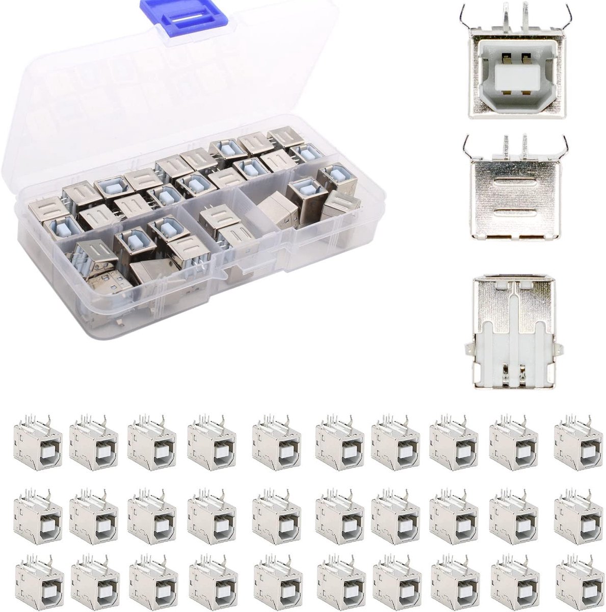 SnelShoppen - 30 Stuks Mini USB Connectors Type B Vrouwelijk, 4 Pin, Rechte Hoek DIP Connector, Metaal, Zilver/Wit, Perfect voor Elektronica Projecten