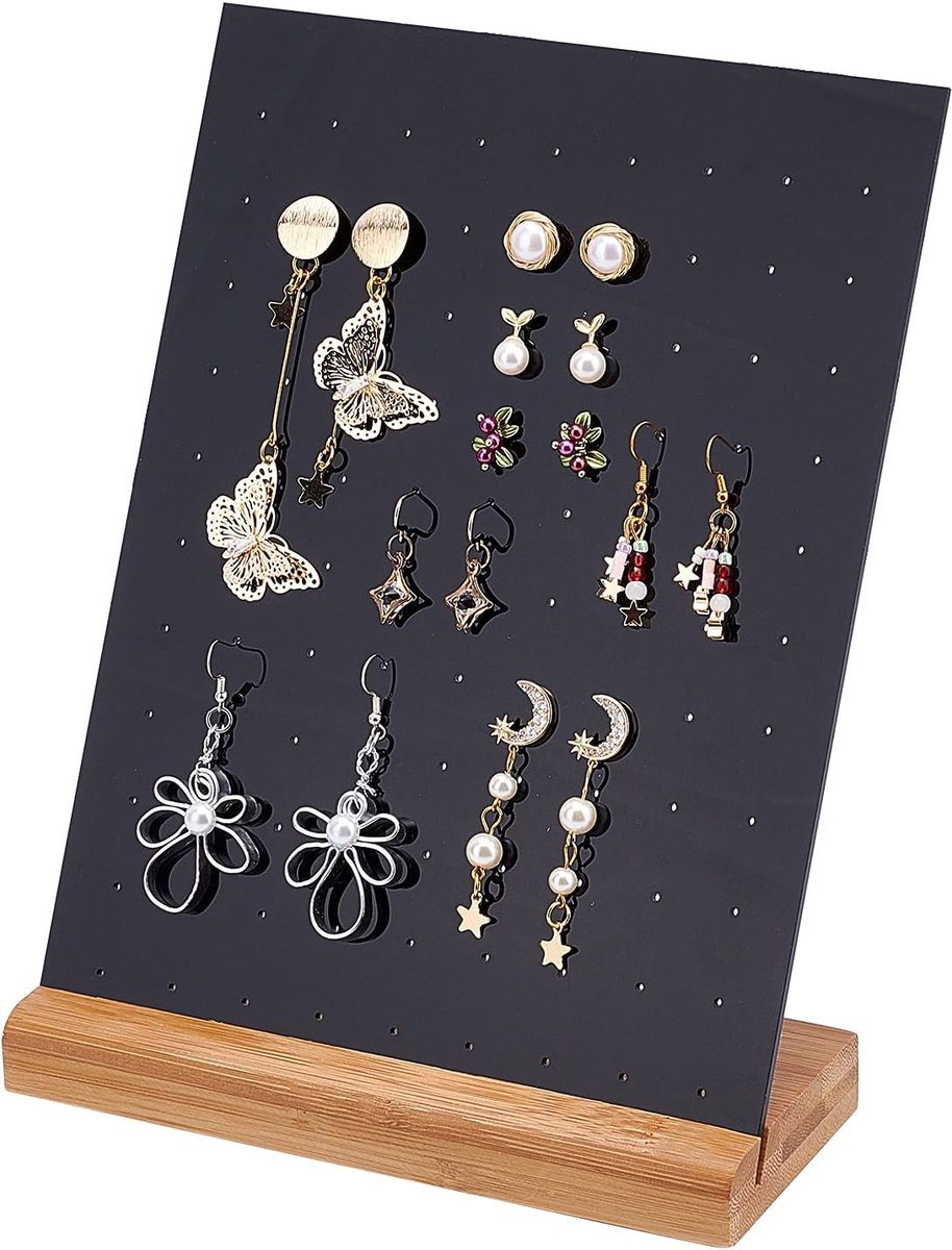 SnelShoppen - Earring Holder Organiser met 70 Gaten, Sieraden Display Stand voor Oorbellen, Stud Oorbellen Rack met Bamboe Tray, Zwart 18 x 18 x 24 cm