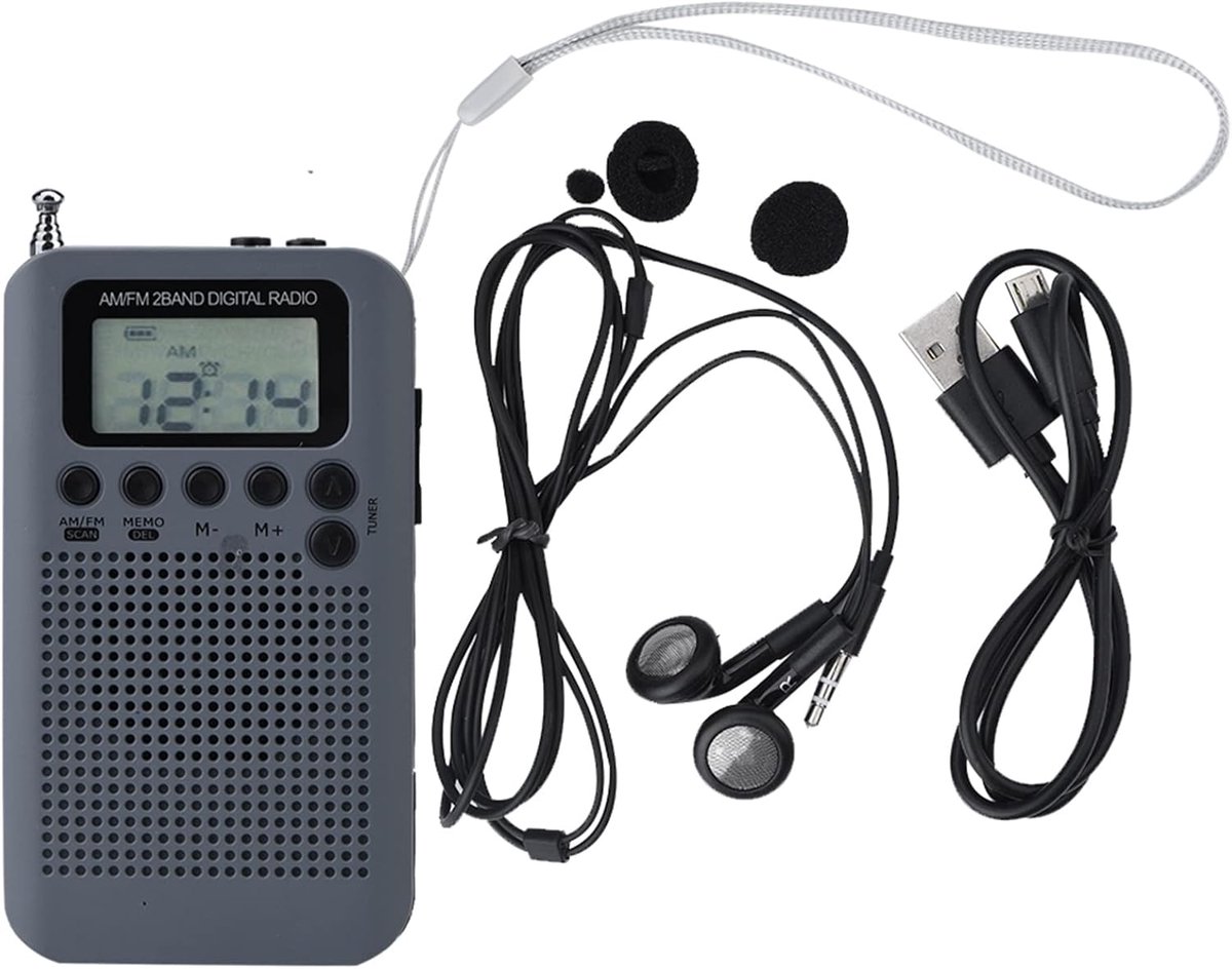 SnelShoppen - Draagbare Radio Pocket Mini Radio, 2 Band Stereo Radio met Digitale Tuning en LCD Scherm voor Wandelen, Camping, Tuin en Vrije Tijd (Gri