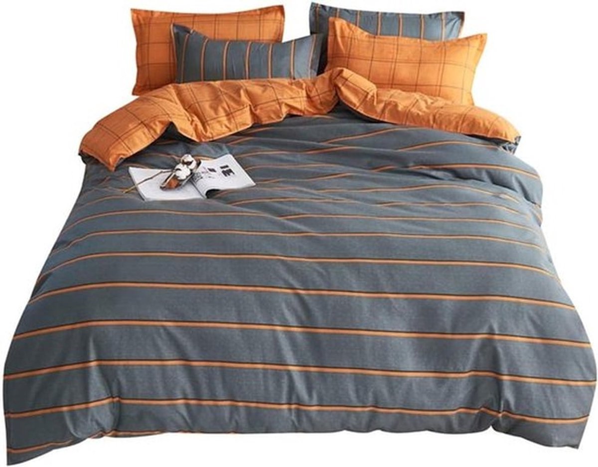 Complete 4-delige bedlinnen set met dekbedovertrek en kussensloop van polyester in grijs met oranje strepen voor een moderne slaapkamer uitstraling