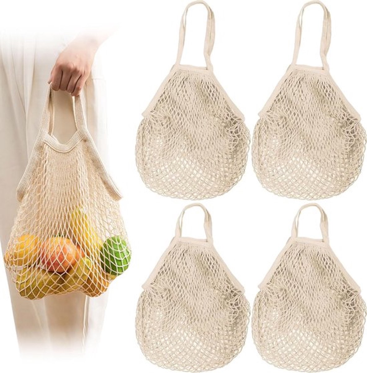 Herbruikbare Katoenen Netten voor Boodschappen, Set van 4 Beige Mesh Tassen voor Fruit, Groenten en Strandspullen