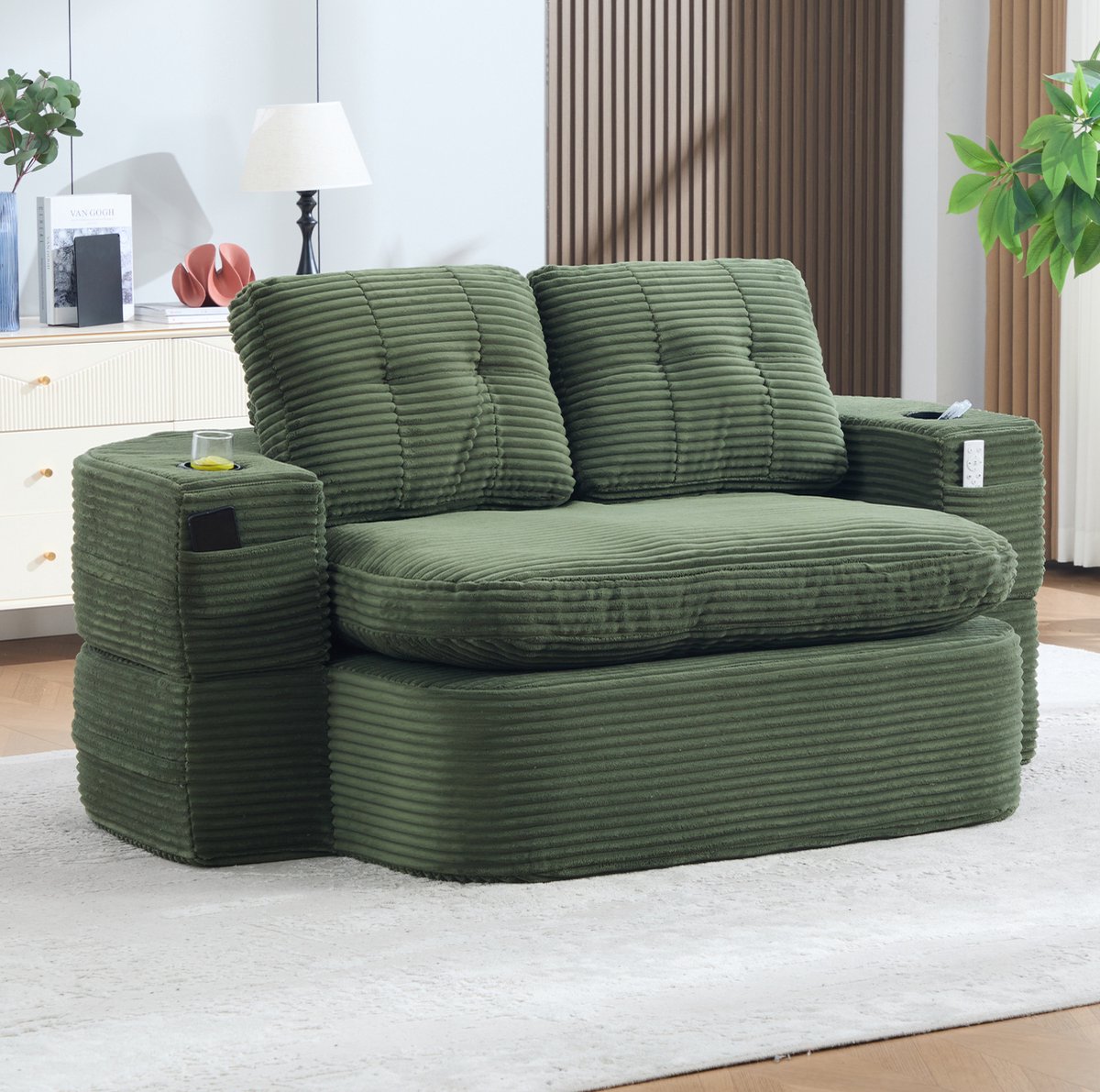 MIVRAY Slaapbank 2-Zits 165 Cm - 2-In-1 Met Slaapfunctie En Extra Diepe Zit - Voor Woonkamer En Relaxhoek - Cord - Groen