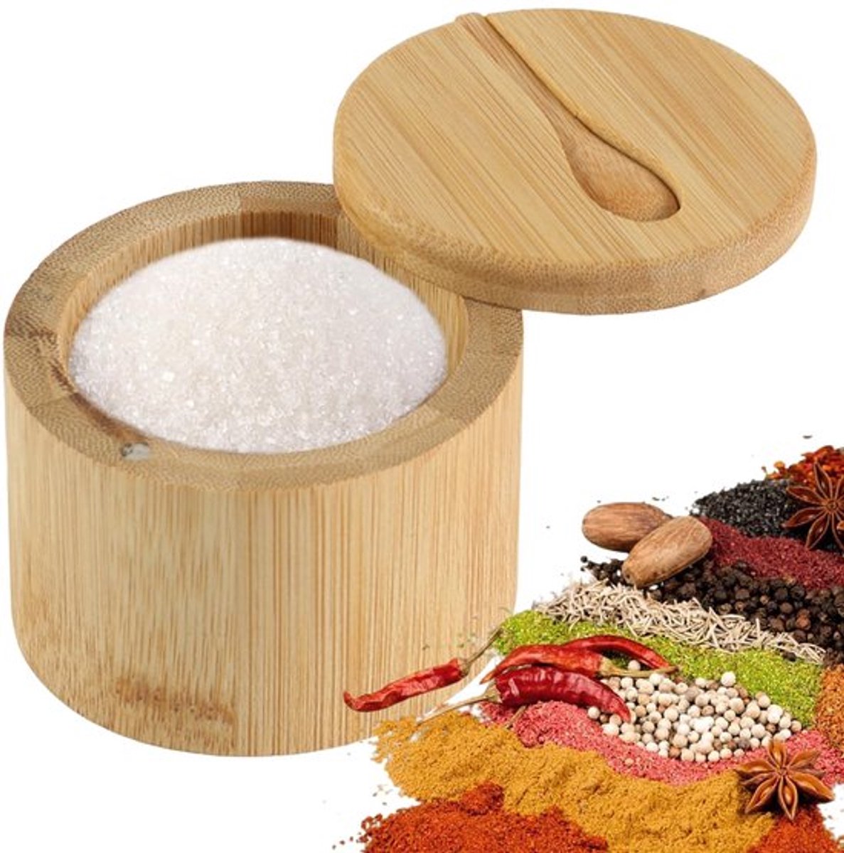 Zoutpot met deksel - Houten zoutpot - Zoutvaatje - Specerijen opslag - Keukenaccessoire - 9 x 9 x 7 cm - Specerijpot