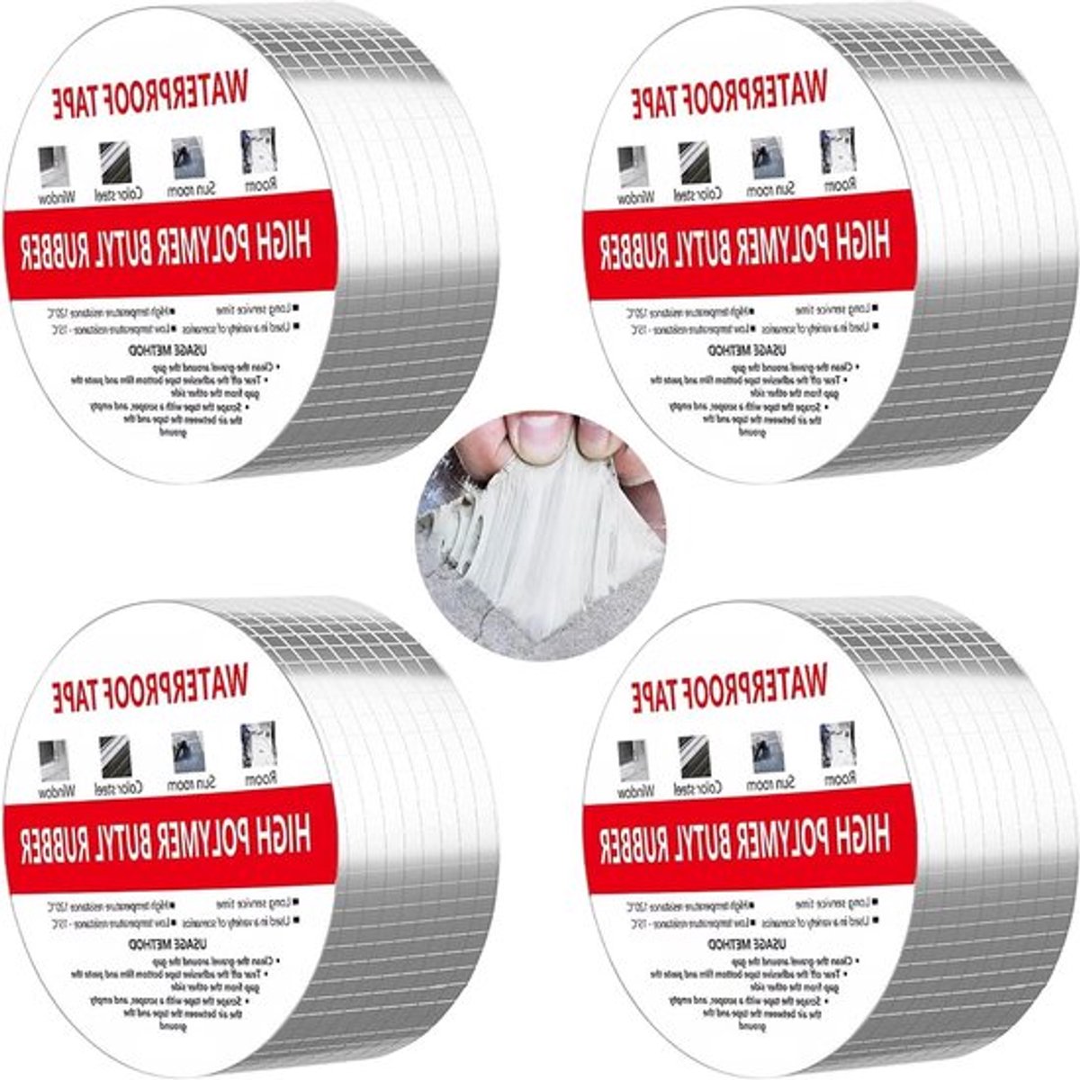 Butyl-tape afdichtingsbanden 5 cm x 5 m - Zelfklevende waterdichte aluminiumfolietape voor dakgoten, caravans en vlakke daken - Verpakking van 4 stuks