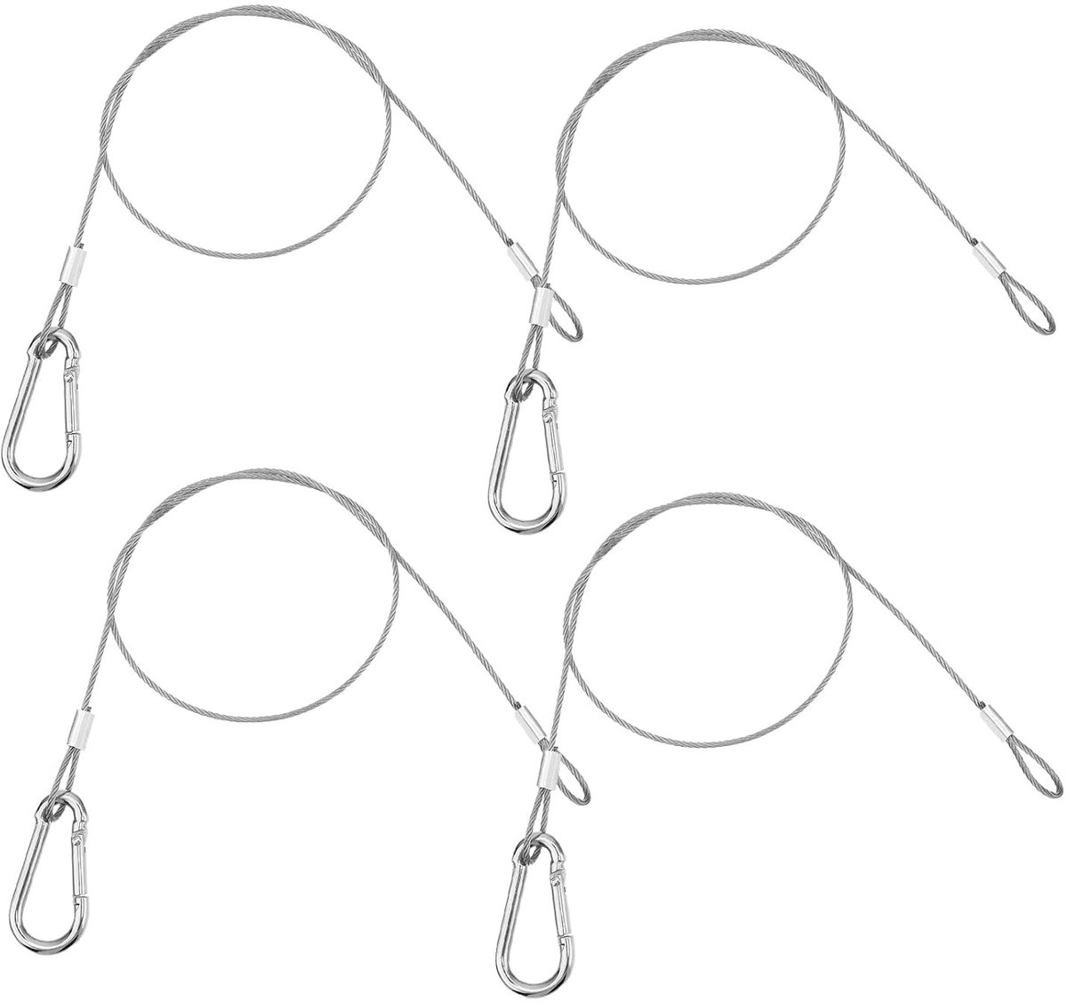 SnelShoppen - Set van 4 zilverkleurige roestvrijstalen veiligheidskabels met ogen 50 cm x 1,5 mm, staalkabel voor fiets, motorfiets, meubels, tuin en