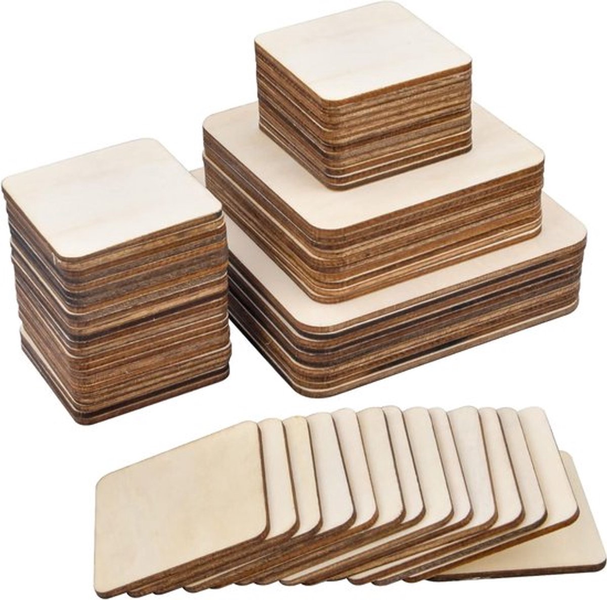 Onbewerkte Houten Platen voor Creatieve Projecten - 70 Stuks Vierkante Plywood voor Schilderen, Laser Graveren en Pyrografie - 5cm, 8cm, 10cm, 2mm Dikte