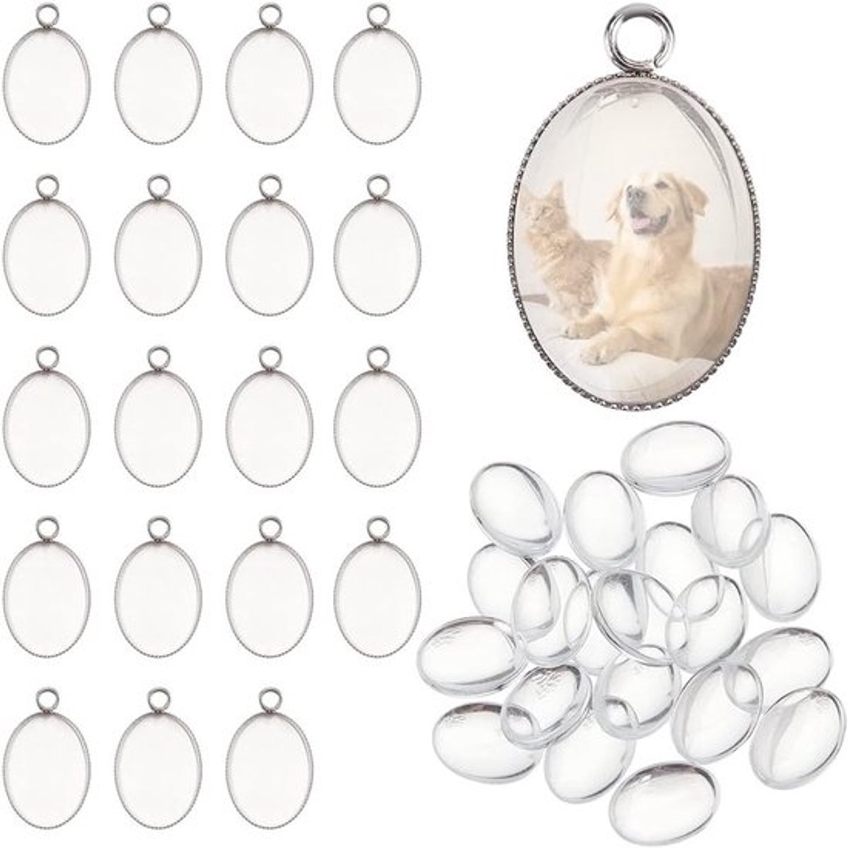 20 Stuks RVS Hangertjes, 304 Instellingen, Heldere Glas Cabochon Ovalen Hangertjes voor DIY Sieraden Maken, Creatieve Accessoires en Ambachten