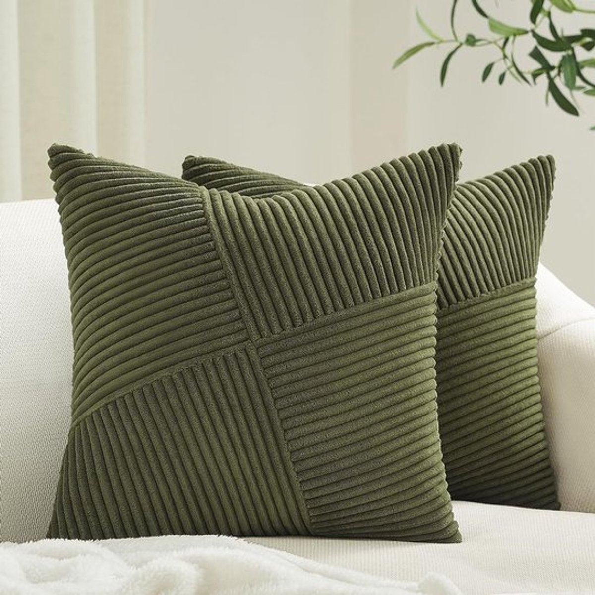 Kussenhoes 50x50 olijfgroen set van 2 - Windmolen strepen patroon - Decoratief kussen voor sofa, woonkamer, bed of bank.