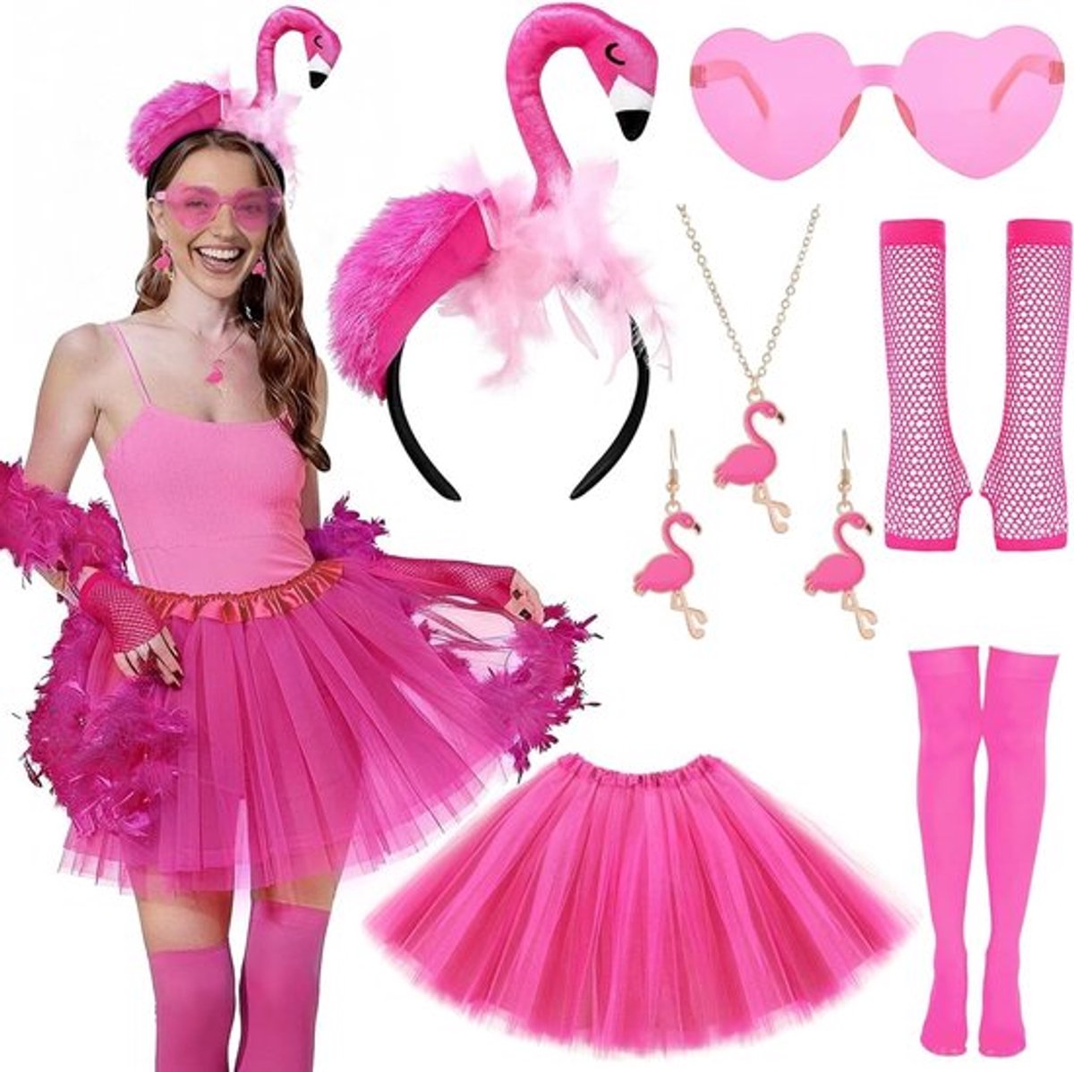Flamingo kostuum voor dames met haarband, tule rok, zonnebril en accessoires voor carnaval, zomerfeest en themafeest