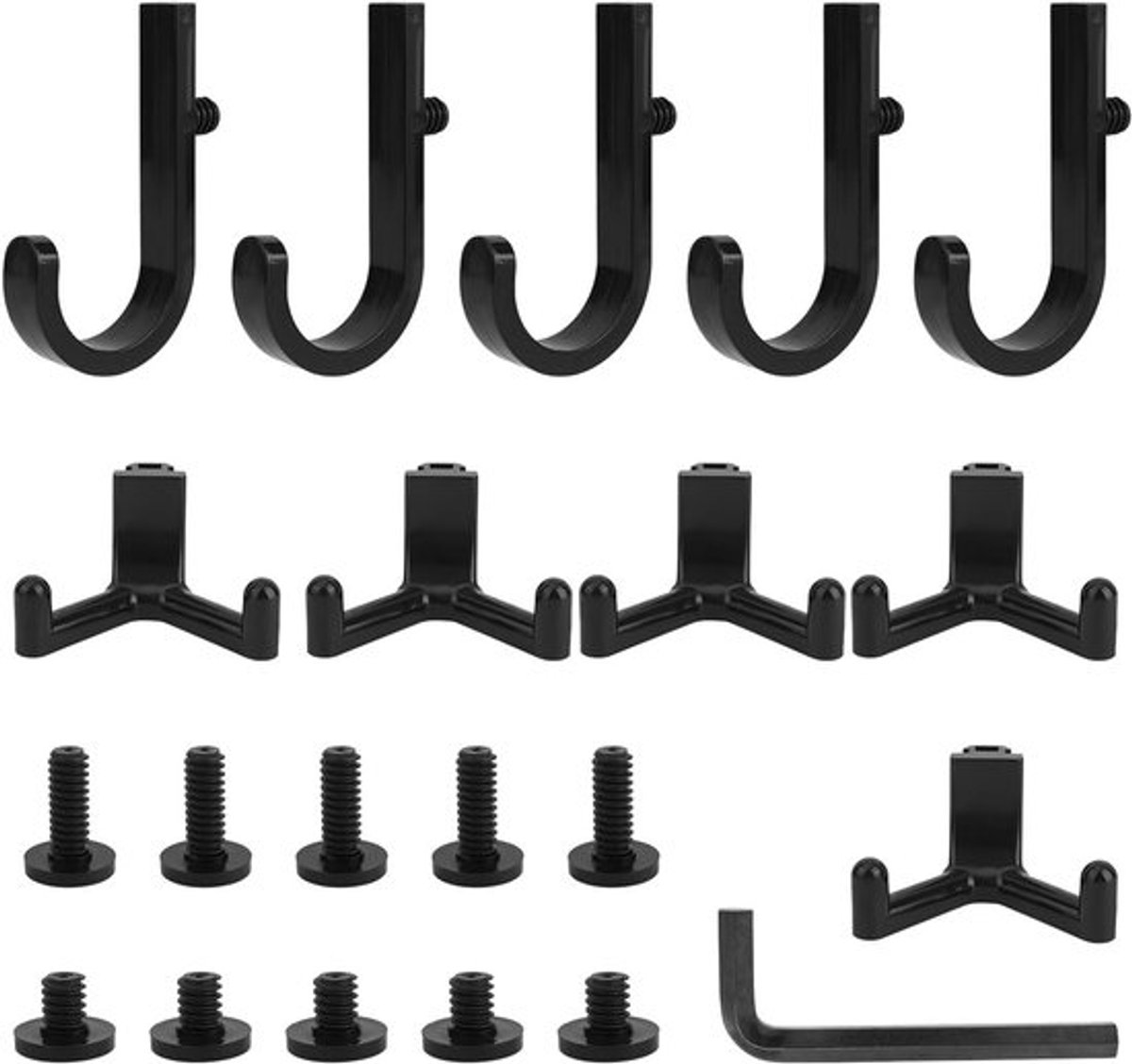 21-delige gereedschapshaken set, zwarte J/Y-vormige haken met schroef en moersleutel voor tuinorganisatie, wandmontage en accessoires voor opslag