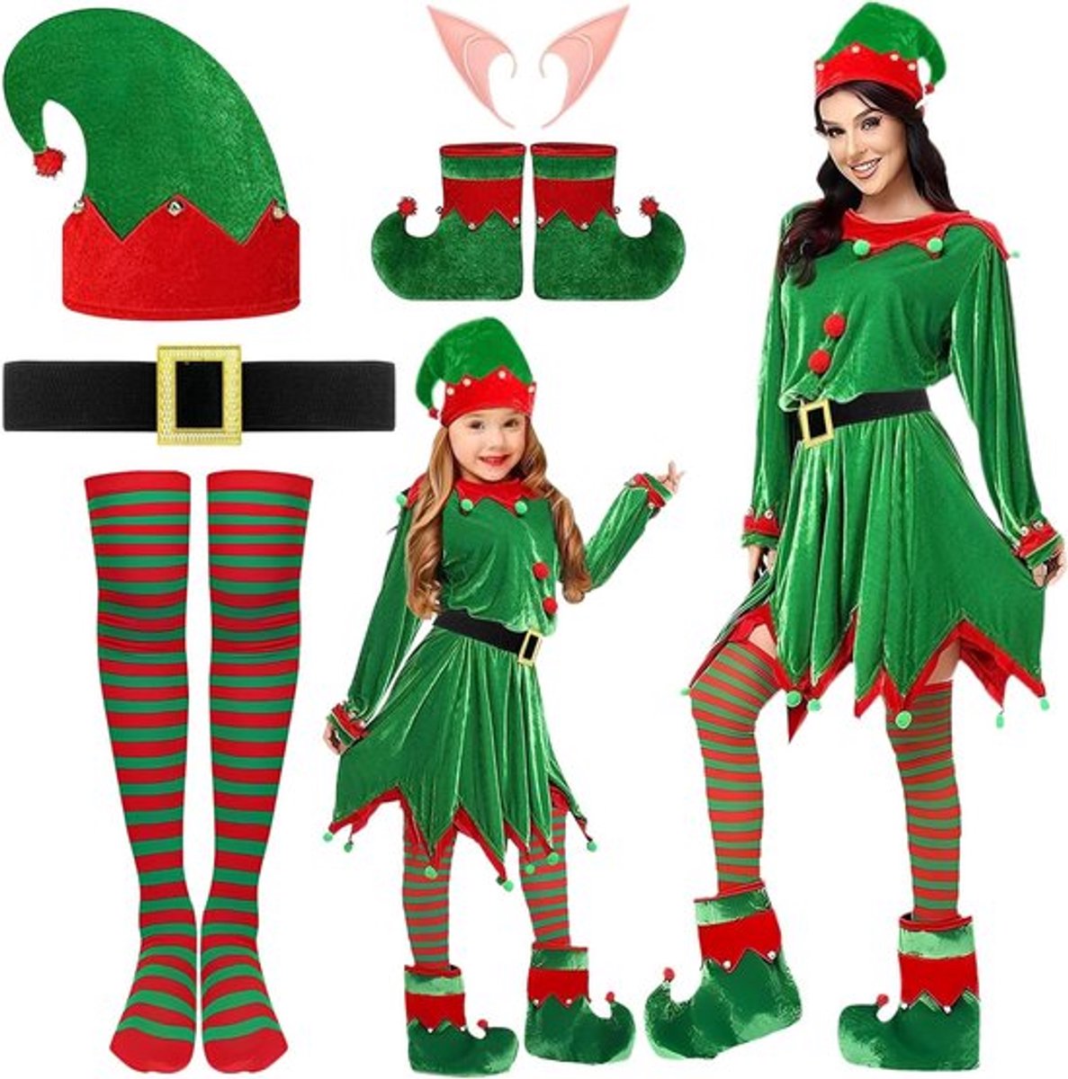 Kerstkostuum set voor kinderen, elf kostuum voor meisjes, feestoutfit met accessoires zoals hoed, sokken en schoenen voor een magische kerstervaring